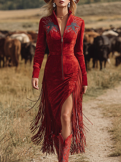 Western Style Vintage Embroidered Red Fringed Faux Suede Midi Dress