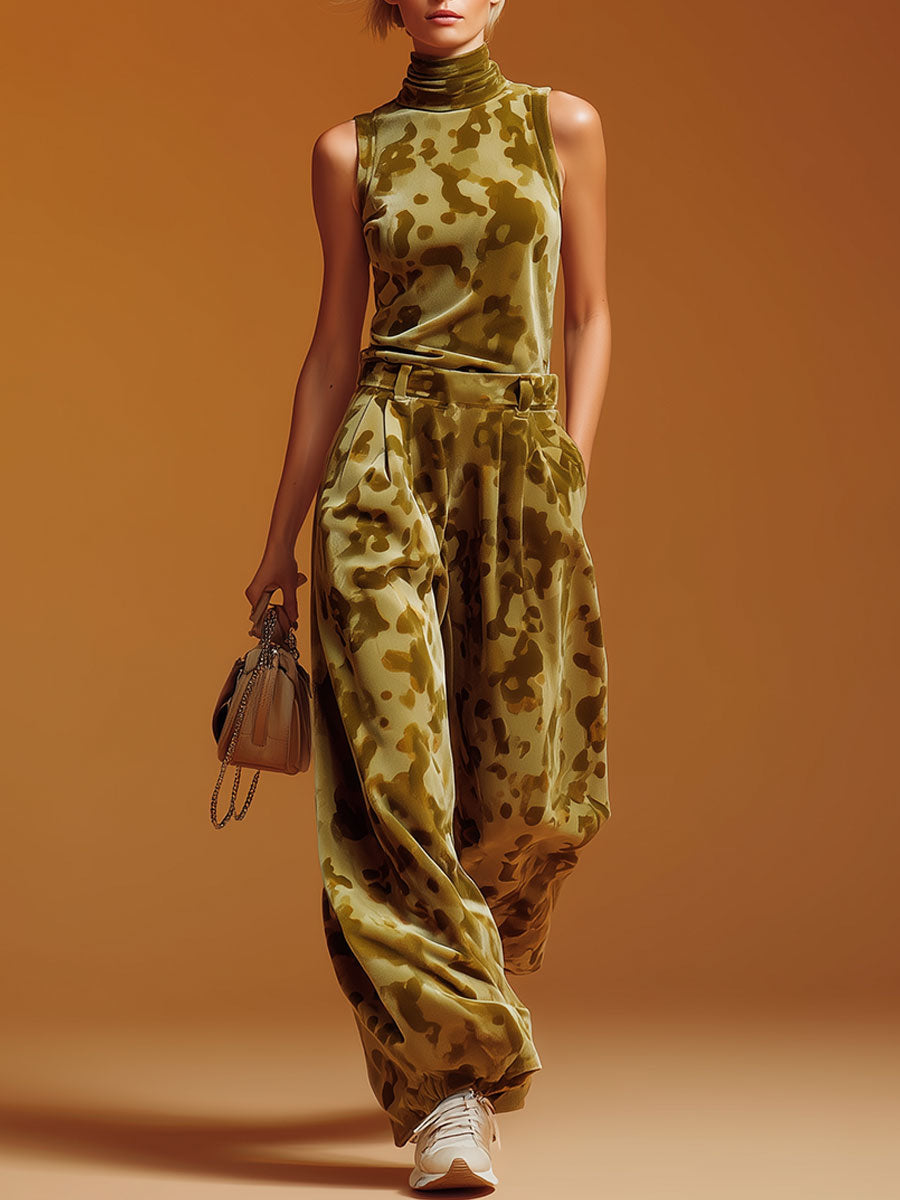 Sporty Retro Green Camouflage Velvet Turtleneck Vest And Wide-leg Pants Set