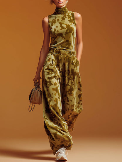 Sporty Retro Green Camouflage Velvet Turtleneck Vest And Wide-leg Pants Set