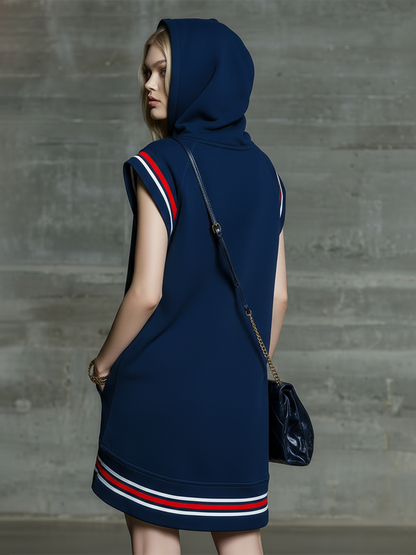 Retro Sporty Sleeveless Color-blocked Striped Hooded Mini Dress