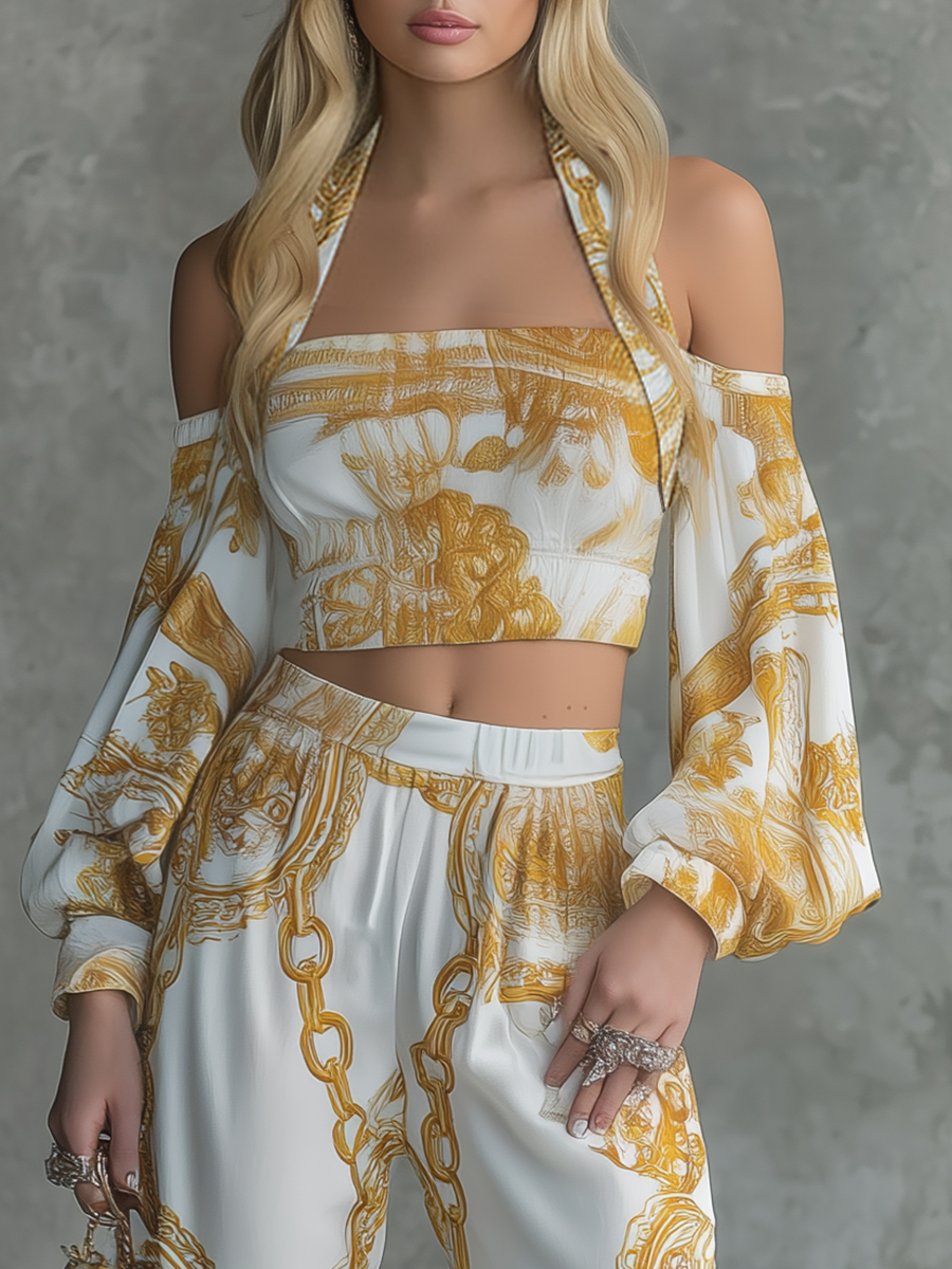 Retro And Elegant Chain Print Halter Neck Chiffon Top And Wide-leg Pants Set