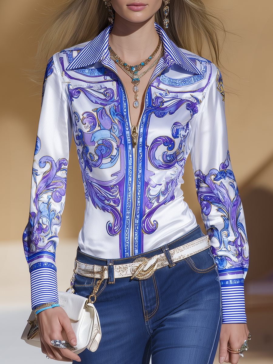 Elegant Vintage Regal-style Printed Zippered Front Closure Satin Shirt