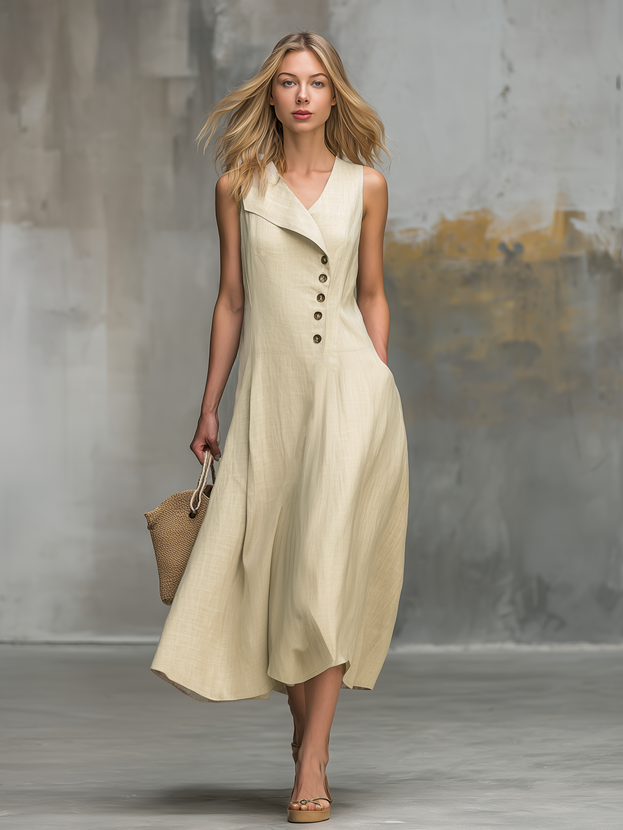 Relaxed And Stylish Lapel And Button Closure Midi Dress