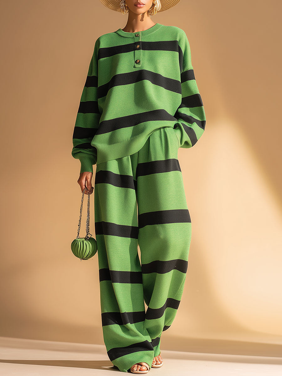 Casual Sports Green And Black Striped Sweatshirt And Pants Set