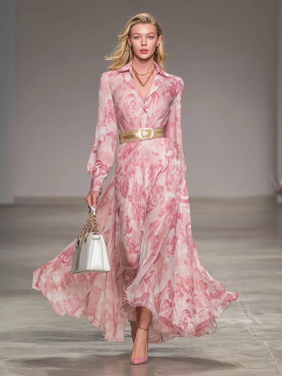 Vintage Pink Chiffon Rose Textured Shirt Collar Maxi Dress