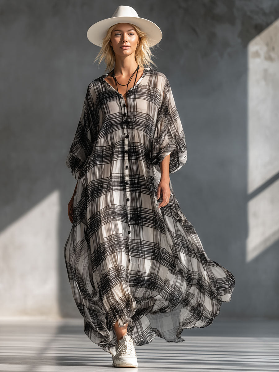 V-neck Button-down Plaid Print Chiffon Short-sleeved Maxi Dress