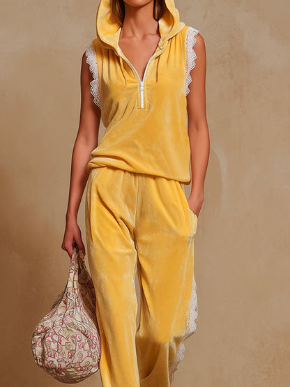Color-block Lace-trimmed Hooded Sleeveless Top And Velvet Pants Set