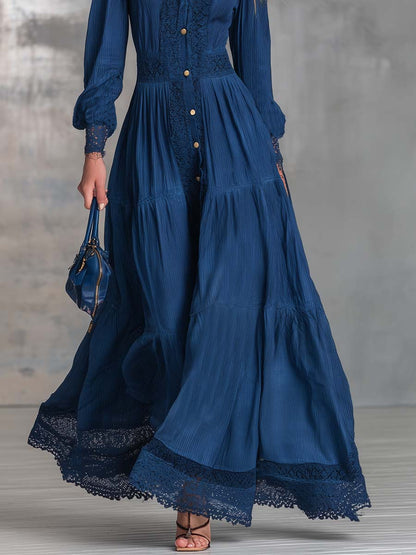 Elegant Vintage Western Front-button Lapel Lace-trimmed Dark Blue Cotton Maxi Dress