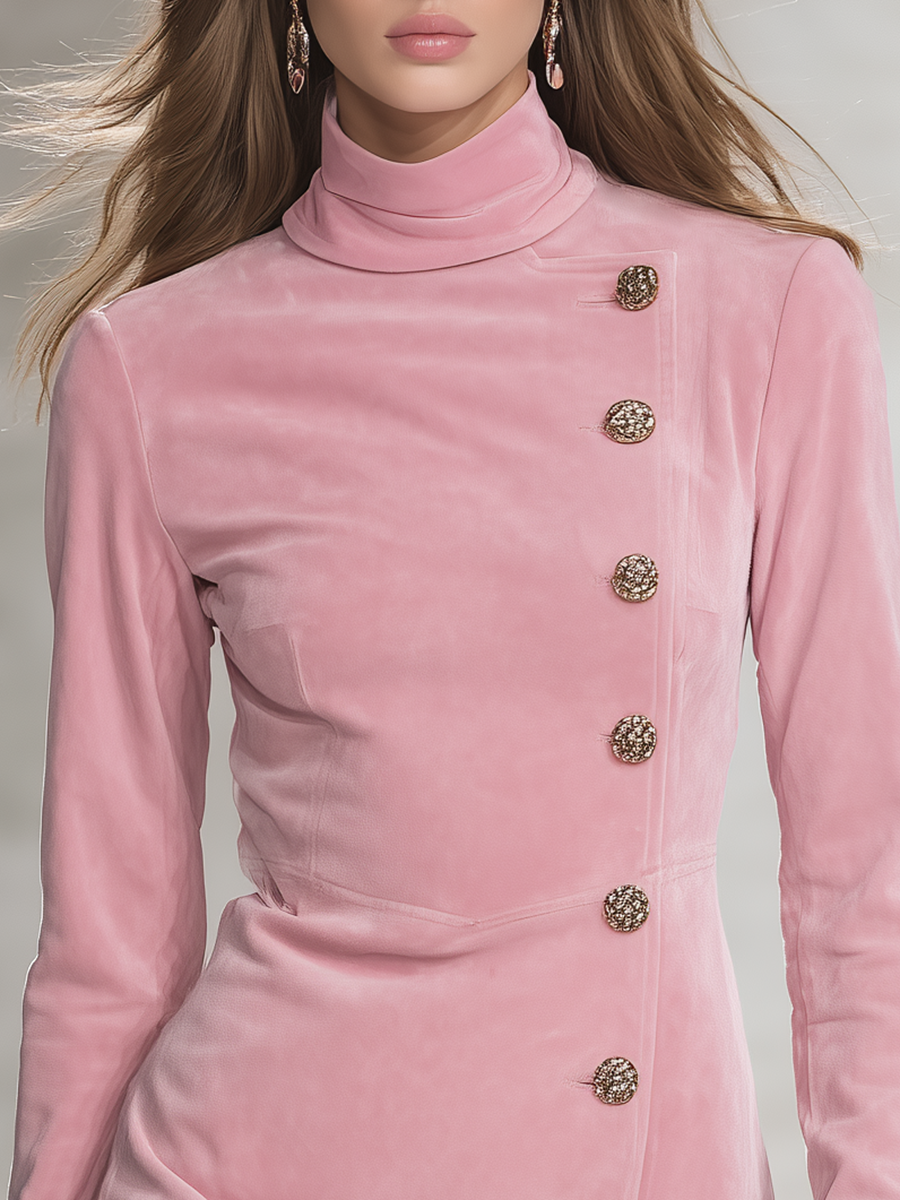 Retro-style Stand-up Collar Decorative Buttons Faux Suede Mini Dress