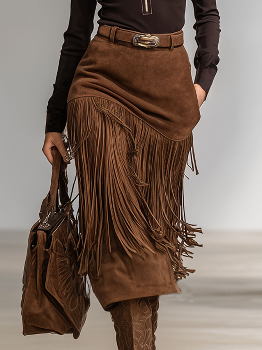 Stand-up Collar Double-pocket Long-sleeved T-shirt And Faux Suede Tassel Skirt Set