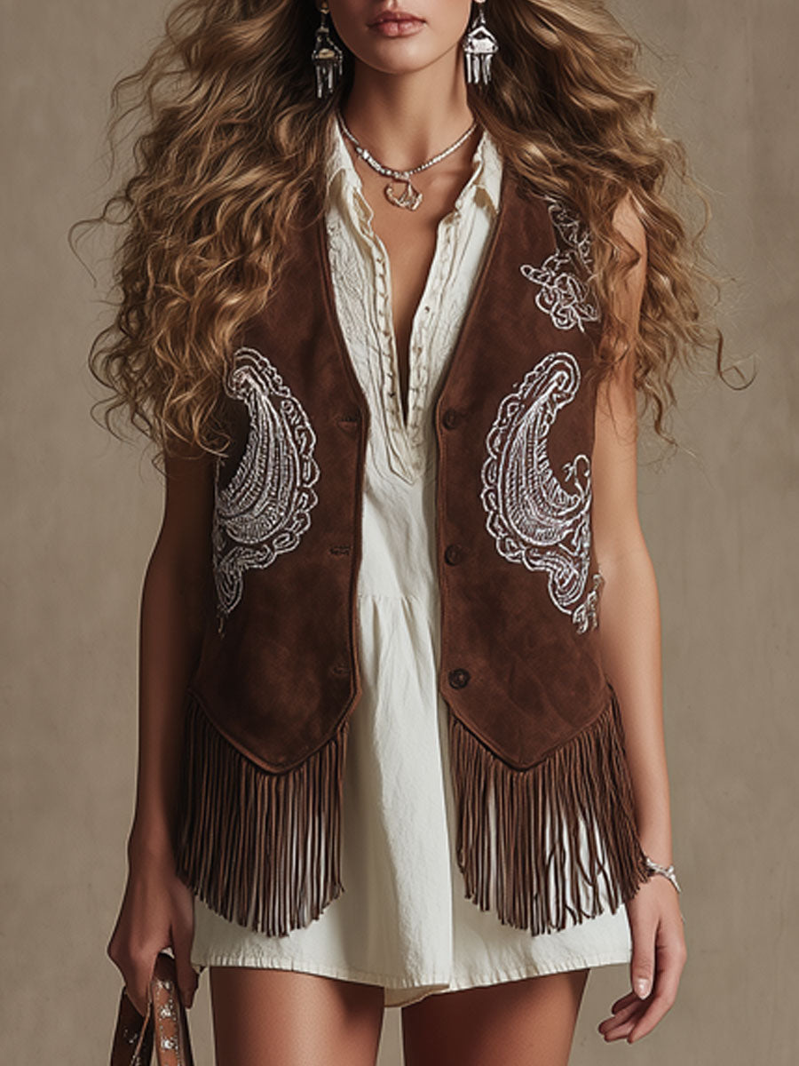 Western Retro Paisley Embroidered Dark Brown Faux Suede Tassel Vest