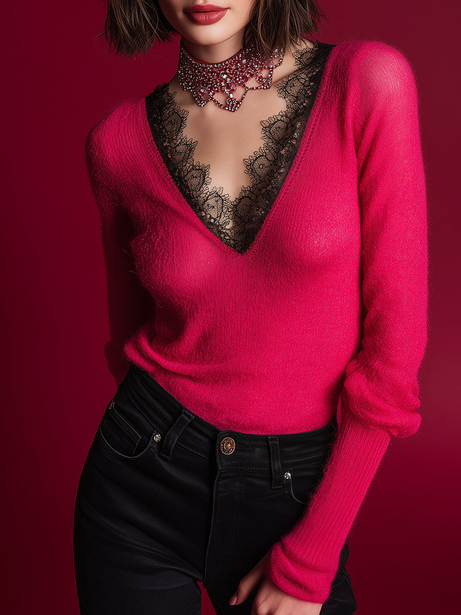 Stylish And Charming Black Lace V-neck Peach Red Knit Top