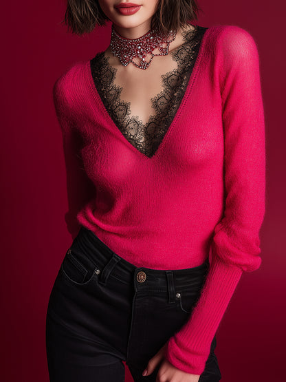 Stylish And Charming Black Lace V-neck Peach Red Knit Top