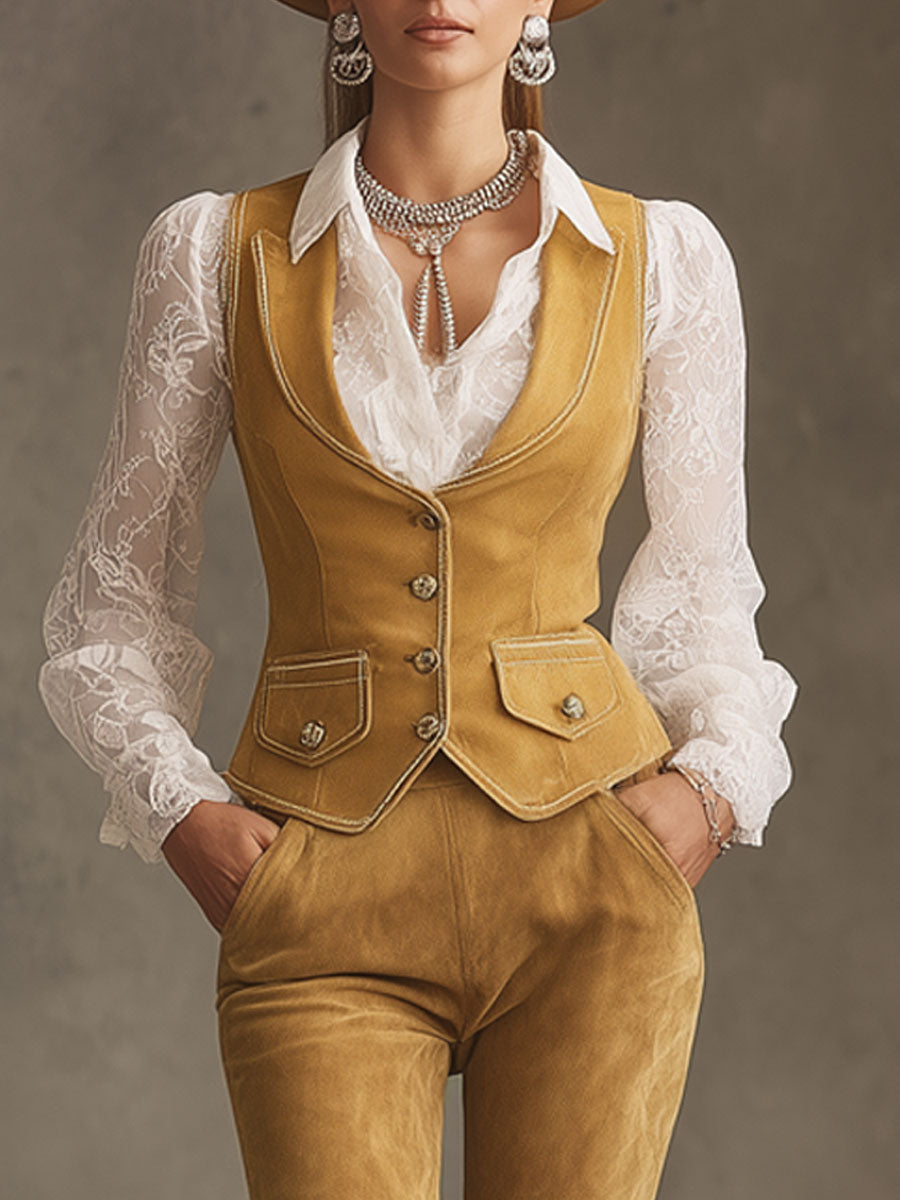 Western Retro Yellow Faux Suede Vest And Trousers Set