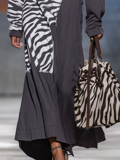 Stylish Grey Patchwork Zebra Print Hooded Maxi Dress