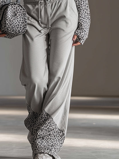 Trendy Casual Sporty Leopard Print Patchwork Gray Sweatshirt And Wide-Leg Pants Set