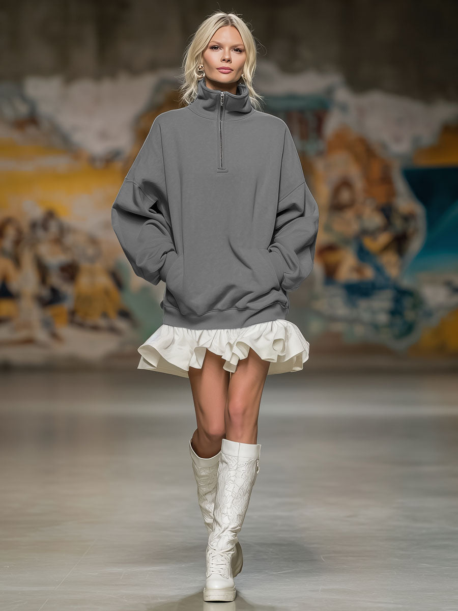 Loose-fitting Stand-collar Pocketed Ruffled Long-sleeved Mini Dress