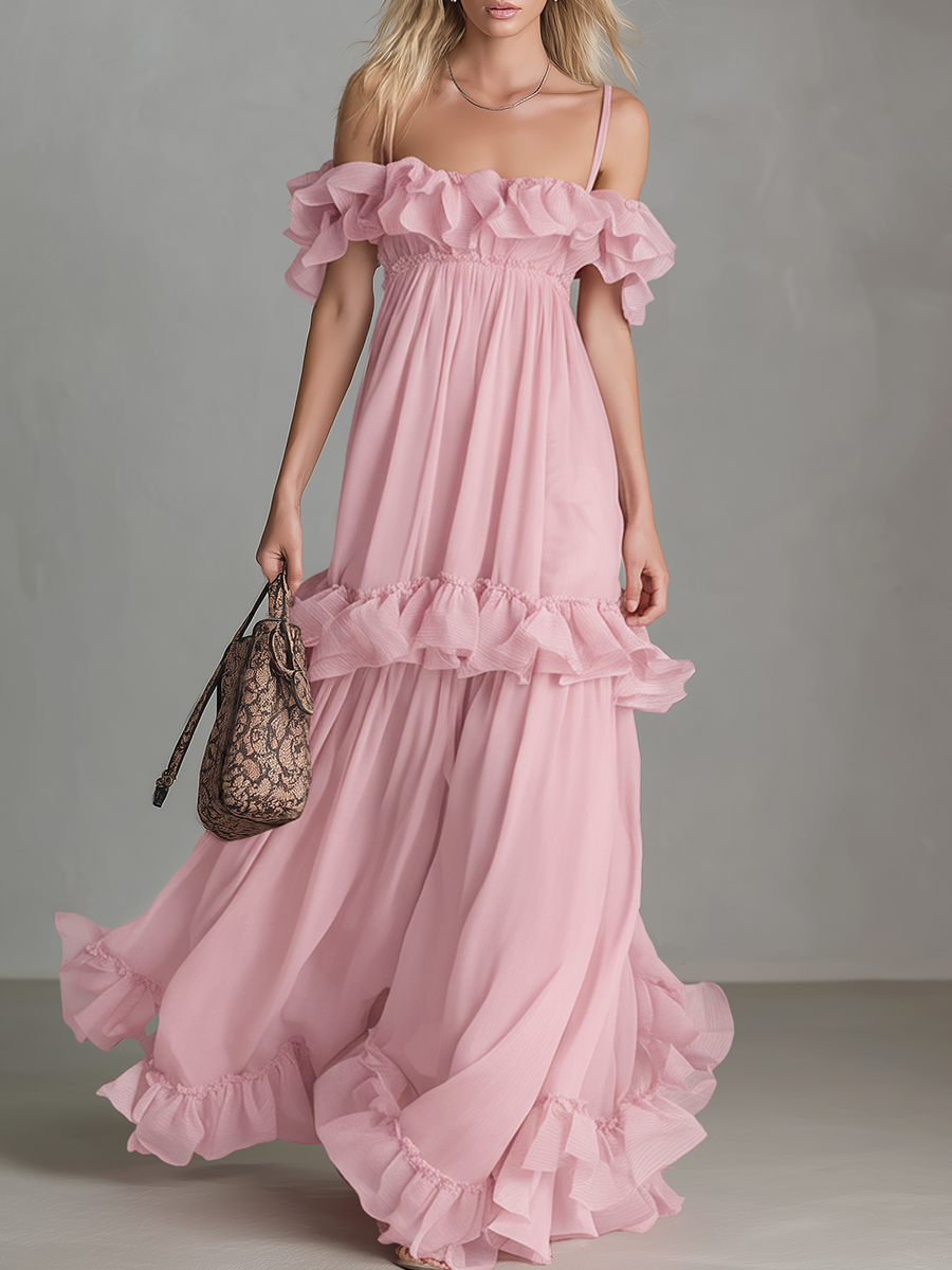 Romantic And Stylish Off-the-shoulder Chiffon Ruffle Detail Maxi Dress