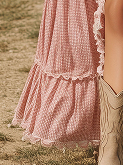 Western-style Vintage Lace-paneled Pink Maxi Dress
