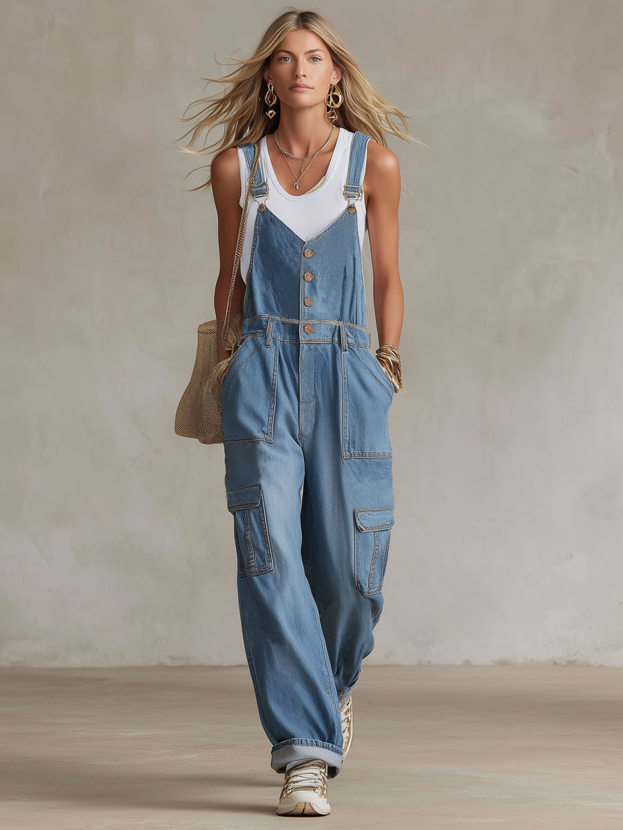 Multi-pocket Adjustable Strap Button Overalls