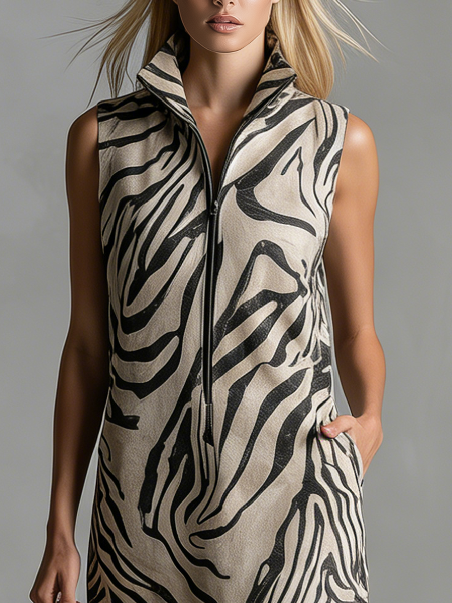 Stylish Retro-style Lapel Zipper Sleeveless Zebra Print Midi Dress