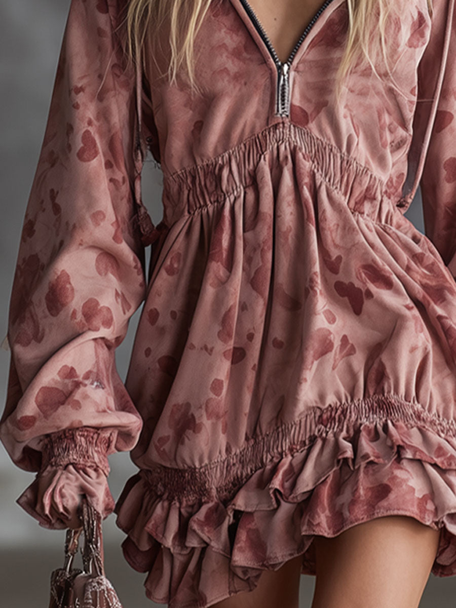 Artistic Heart Print Hooded Zip-up Ruffle Faux Suede Long-sleeved Mini Dress