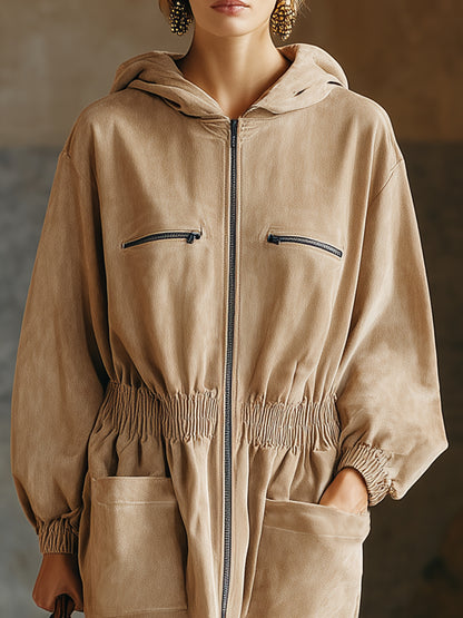 Casual And Stylish Multiple Pockets And Zippe Beige Hooded Midi Dress