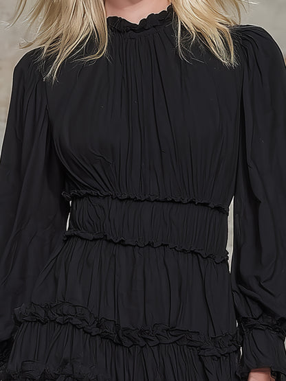 Elegant Black Round-neck  With Ruffled Trim Mini Dress