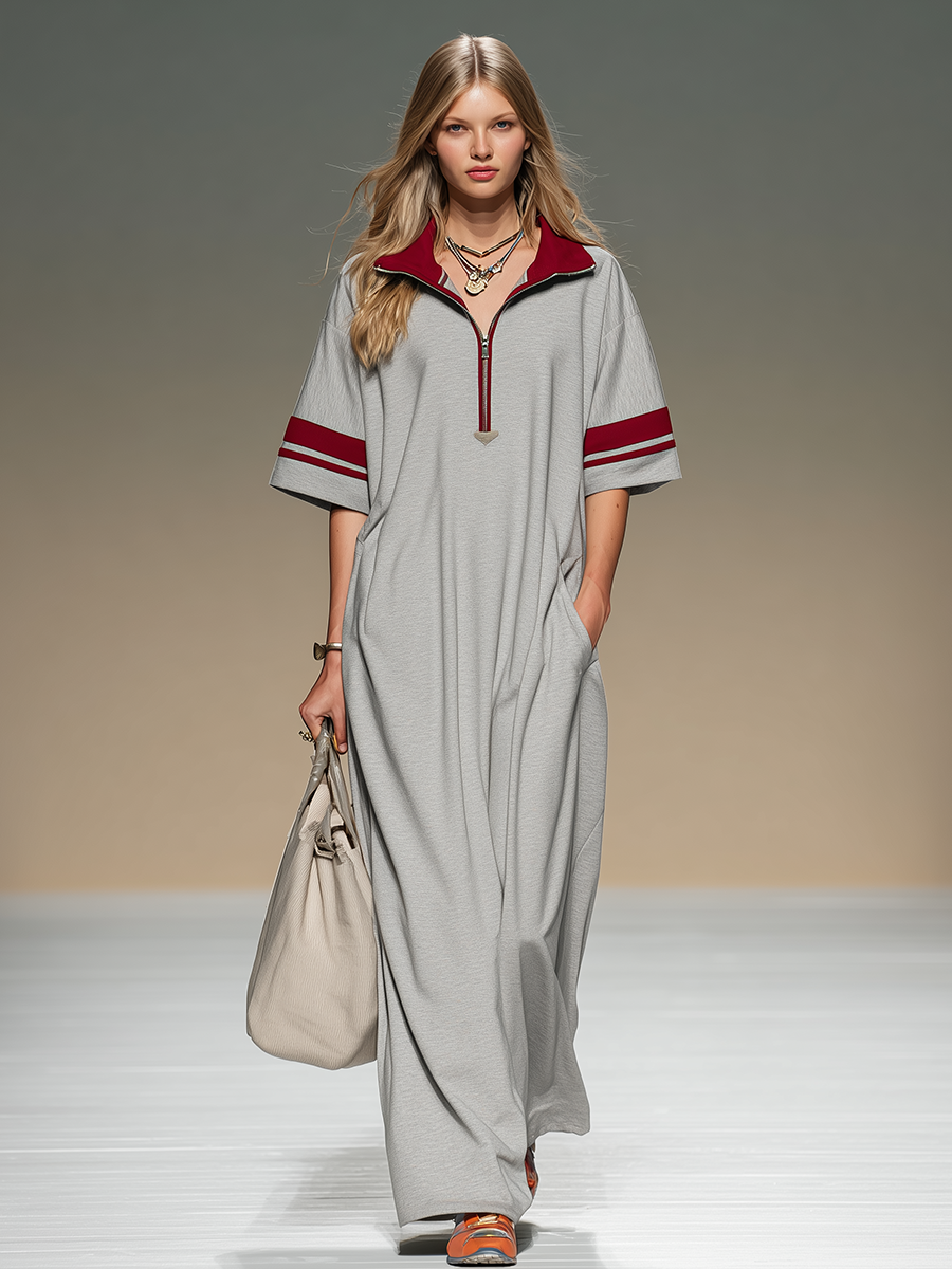 Sporty Retro Color-blocked Trim Zip-up Collared Short-sleeved Maxi Dress