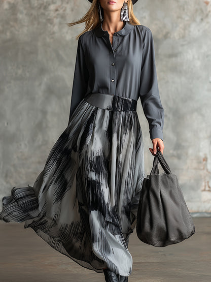 Artistic Grey Cotton Patchwork Chiffon Printed Maxi Dress