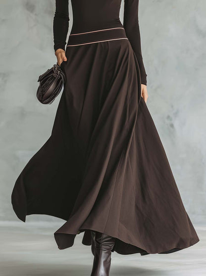 Retro Elegant Versatile High-necked Pink Trim Dark Brown Stretch Cotton Maxi Dress