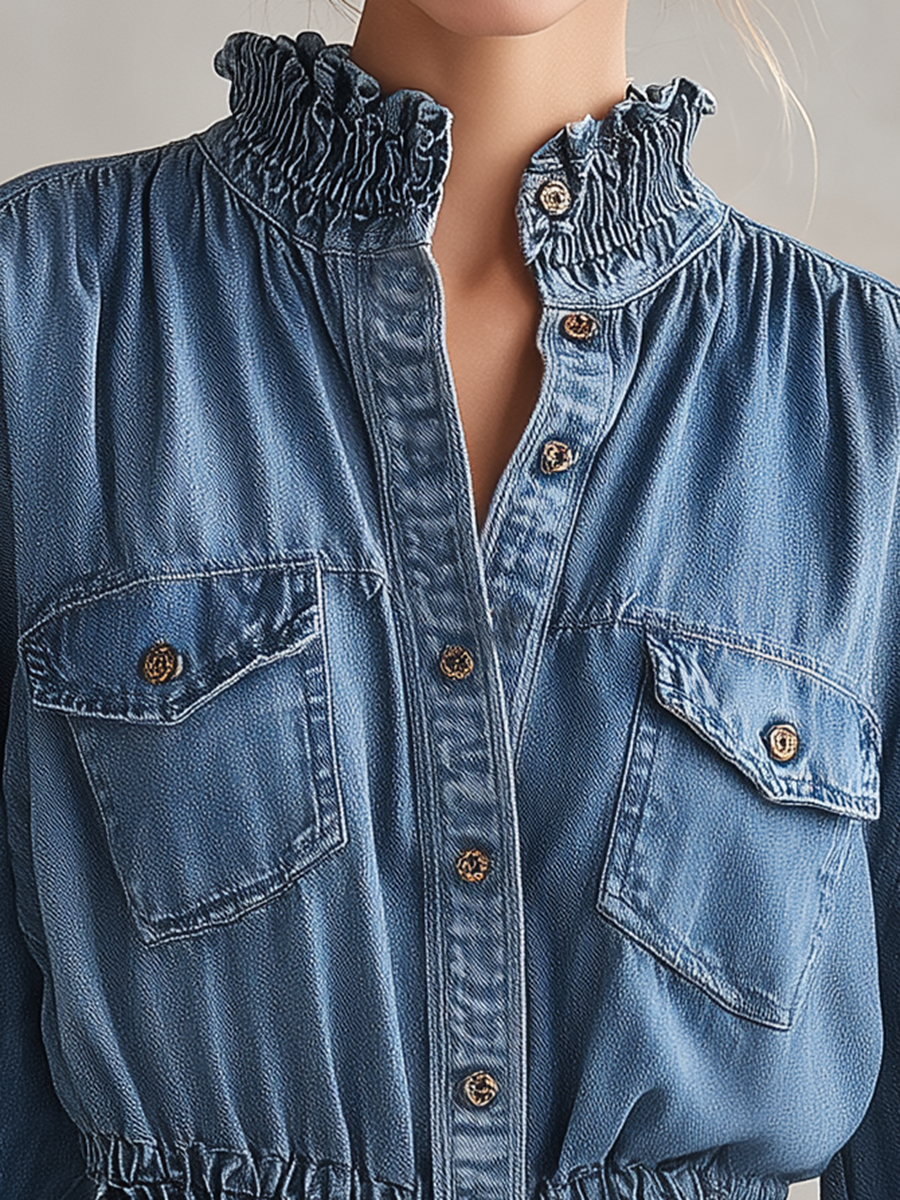 Blue Denim Peplum Shirt Women Ruffle Collar Puff Sleeve Belted Blouse