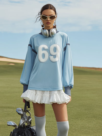 Fashionable Sporty Letter Long-Sleeve Blue T-Shirt And Ruffled Skirt Set