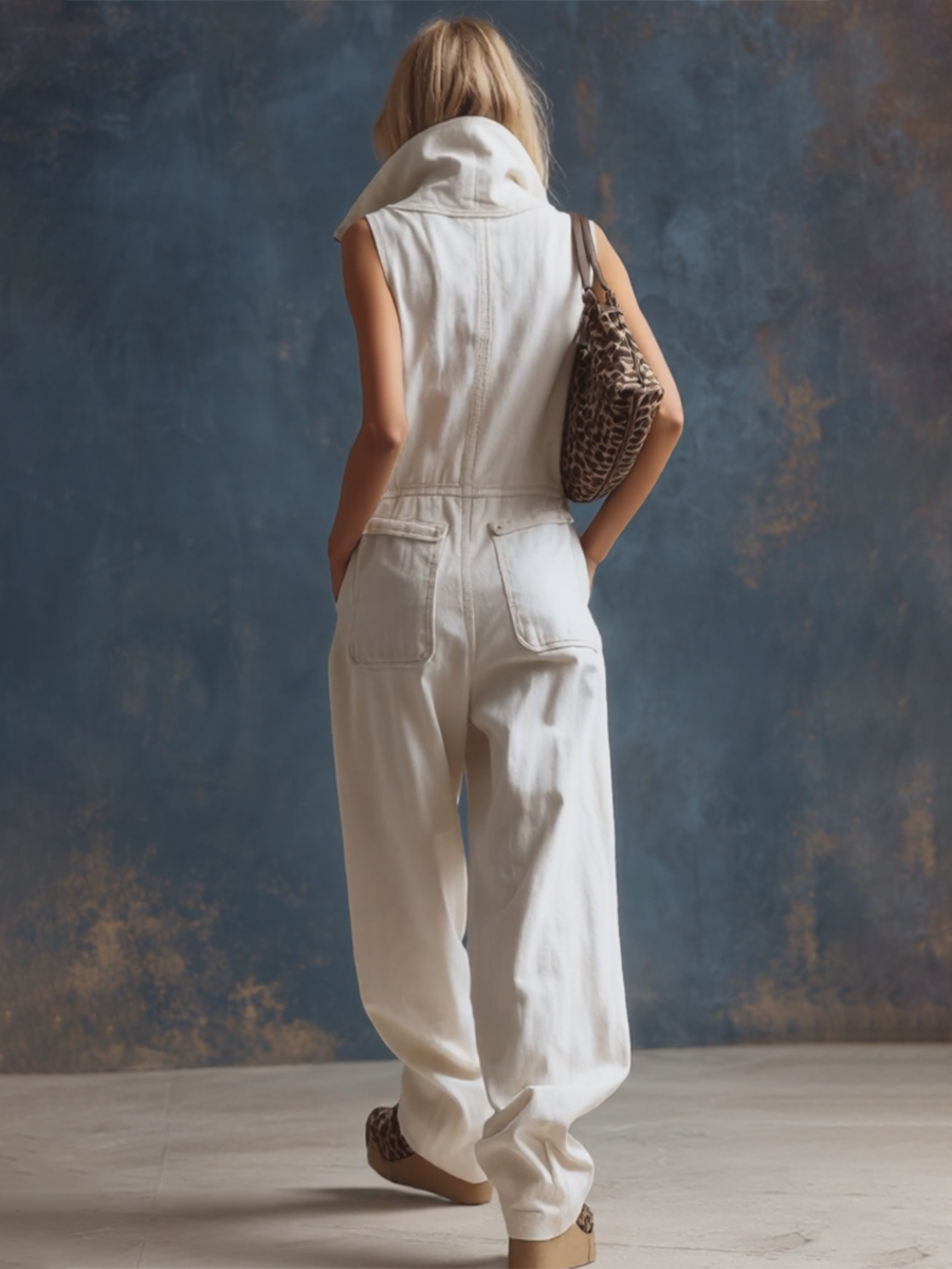 Stylish Silhouette White Denim Sleeveless Jumpsuit