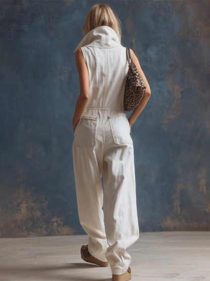 Stylish Silhouette White Denim Sleeveless Jumpsuit