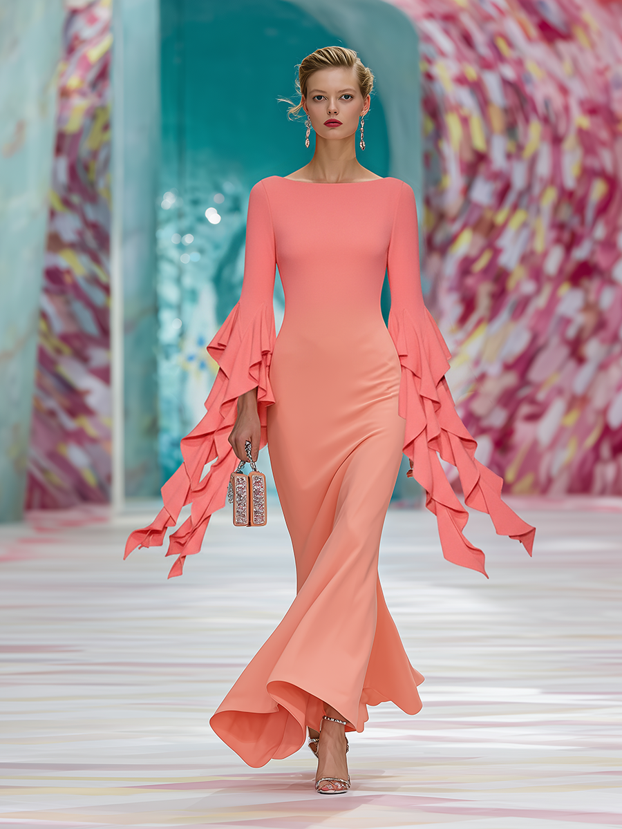 Stylish Boat Neckline Ruffled Sleeves Gradient Coral Pink Maxi Dress