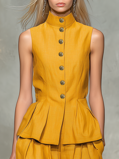 Retro Casual Stand-collar Sleeveless Button-up Top And Trousers Set.