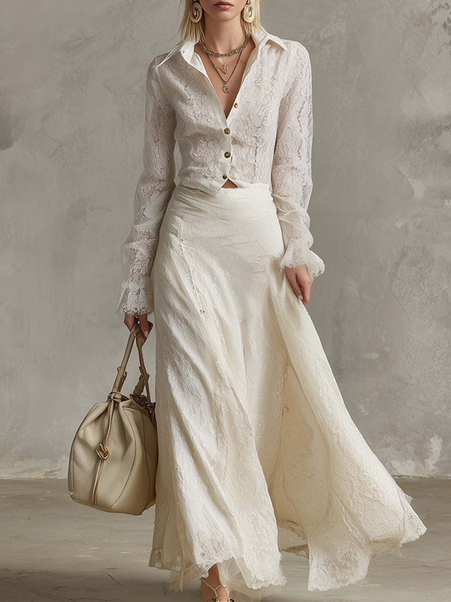 Noble White Collared Lace Shirt And Long Skirt Set