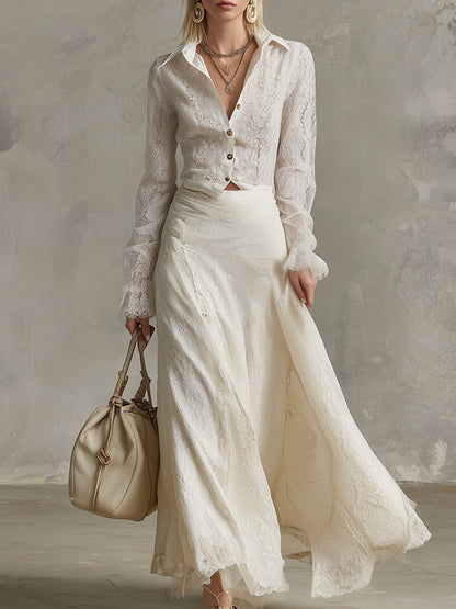Noble White Collared Lace Shirt And Long Skirt Set