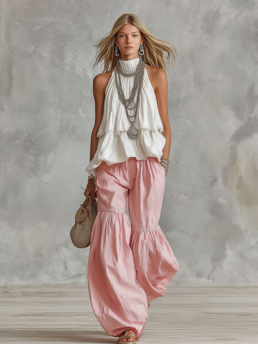 Cotton Turtleneck Sleeveless Top And Pants Set