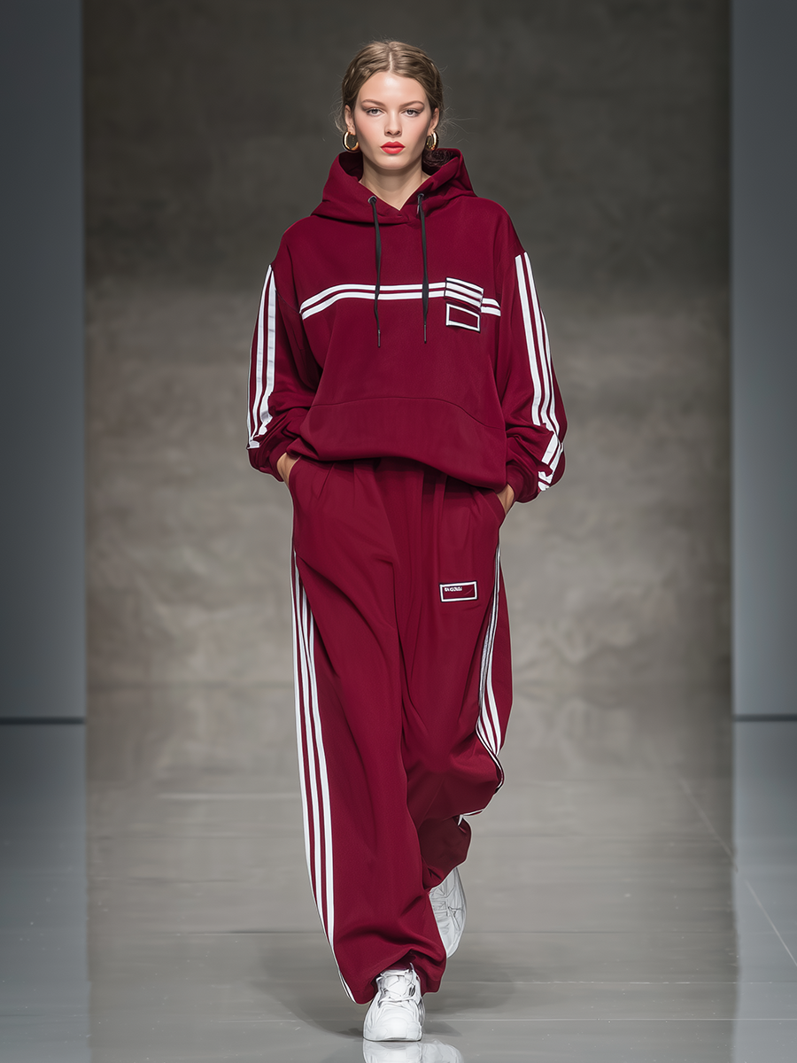 Sporty Retro Striped Hoodie And Wide-leg Pants Set