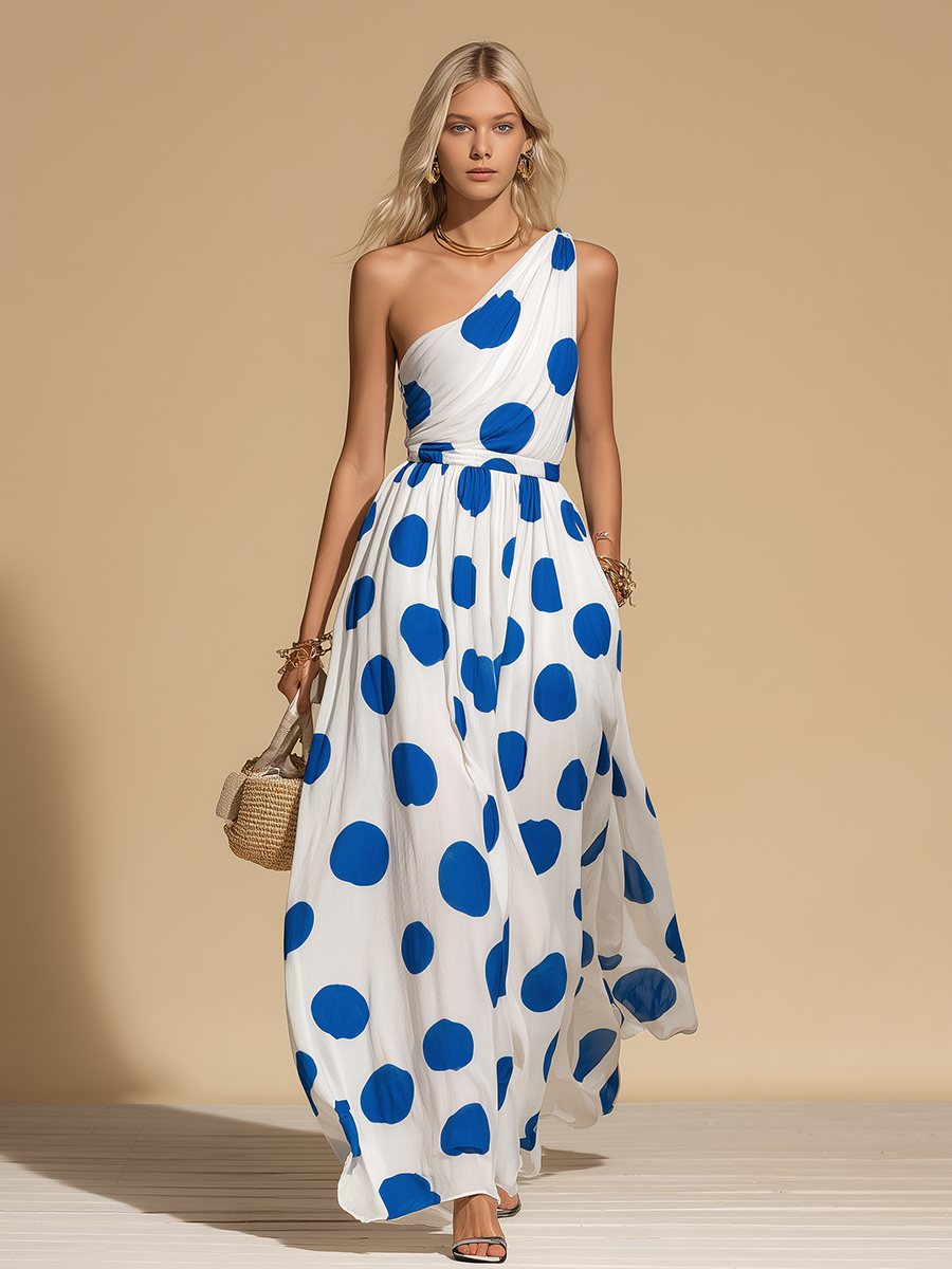 Elegant Vintage Polka Dot Print One-shoulder Sleeveless Chiffon Dress