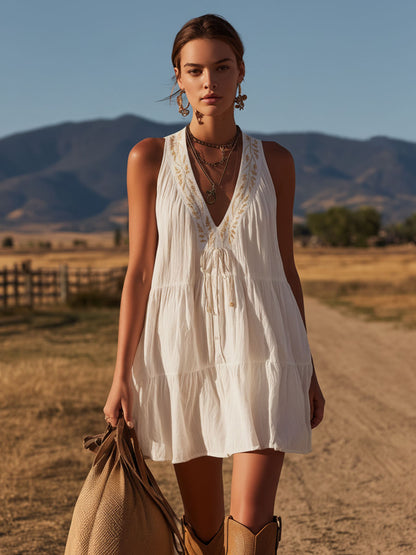 Western Retro Embroidered White V-Neck Cotton Linen Mini Dress
