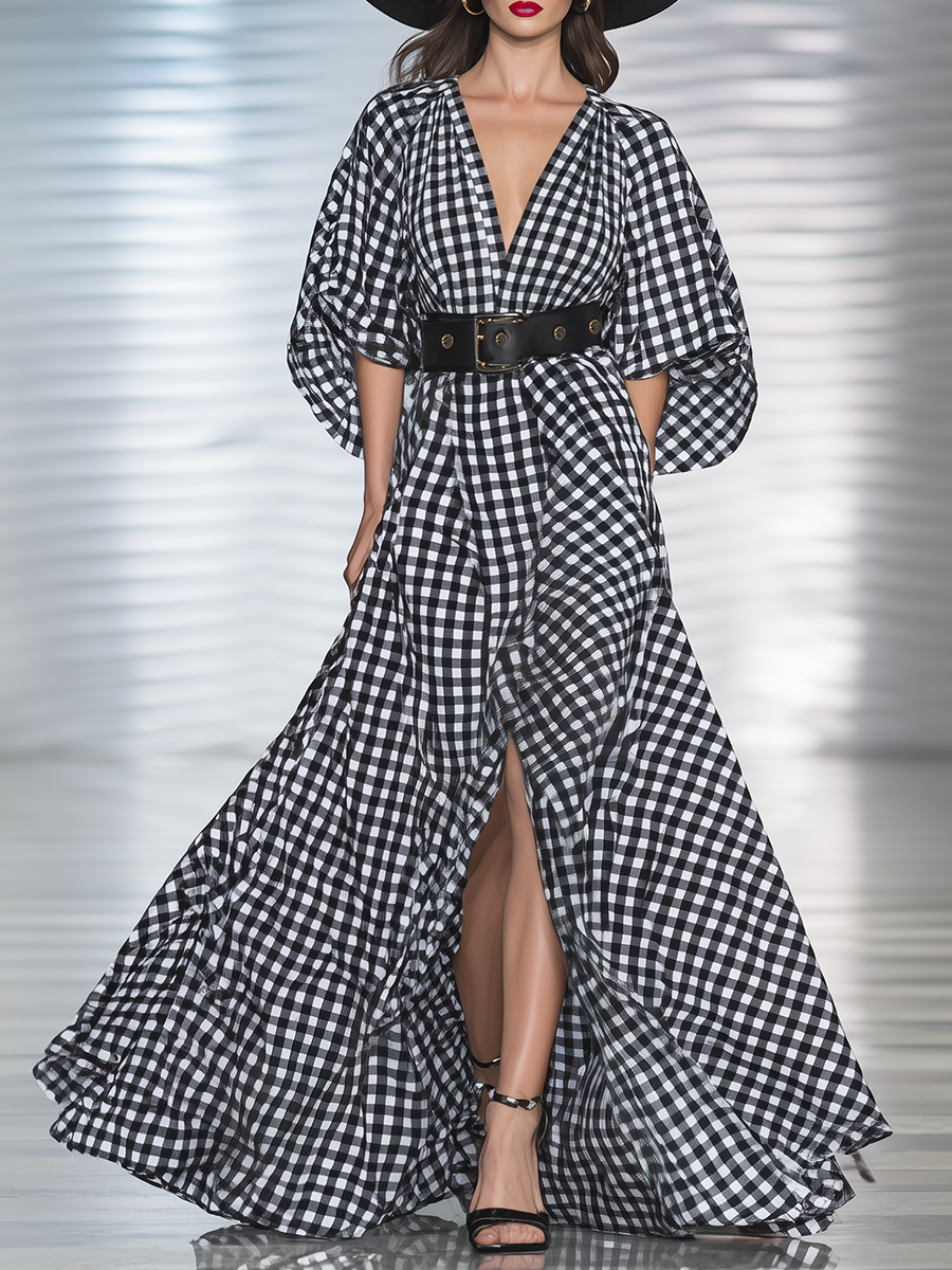 High-end Chic Black And White Checkered Ruched Sleeve Cotton Maxi Dress