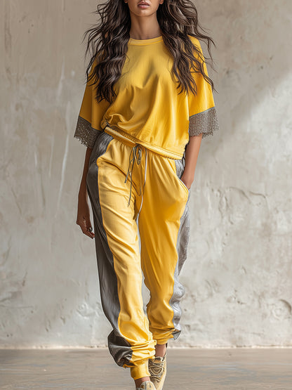 Casual Sports Color-blocked Yellow T-shirt And Pants Set