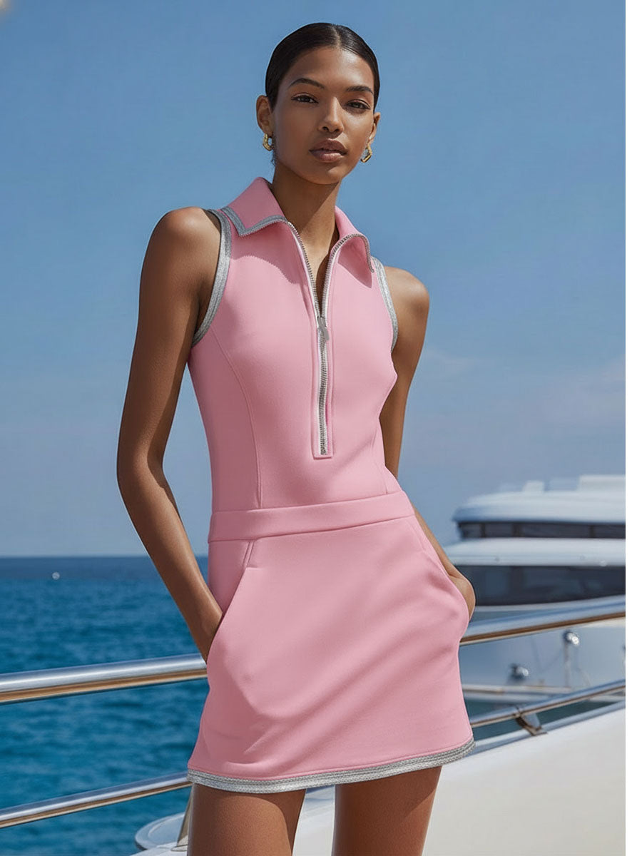 Collared Zippered Color-blocked Sleeveless Mini Dress