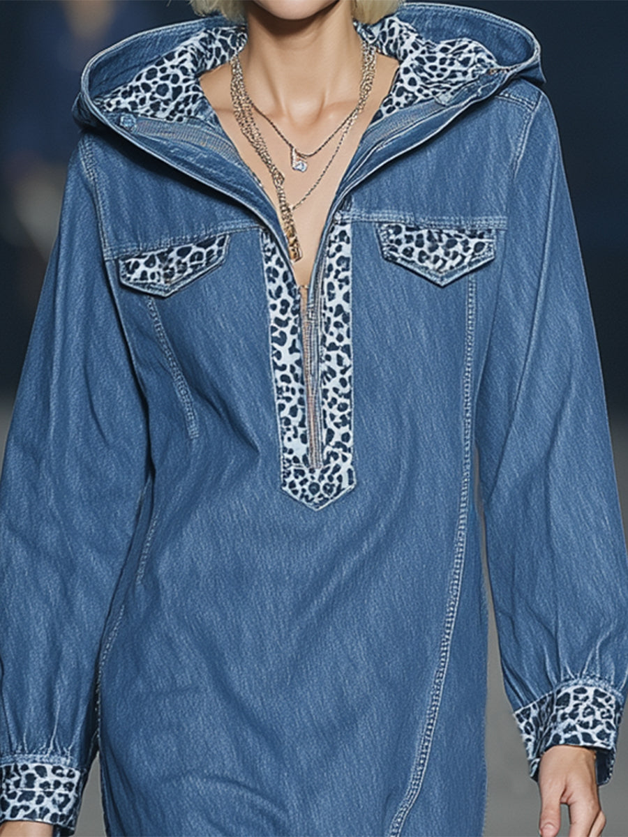 Stylish Blue Denim Patchwork Leopard Print Half-zip Hooded Midi Dress