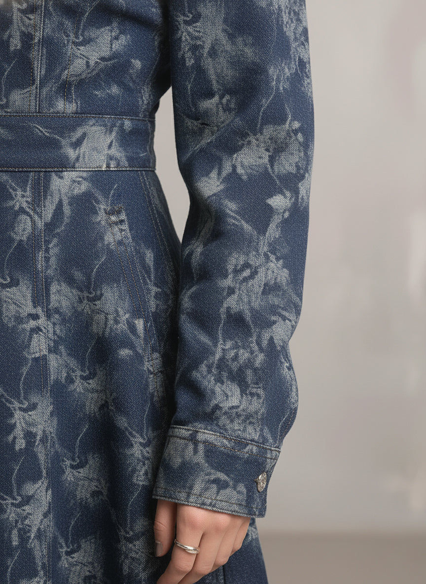 Trendy And Unique Rose Print Collared Blue Denim Button-down Maxi Dress