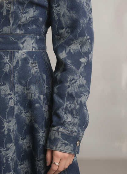 Trendy And Unique Rose Print Collared Blue Denim Button-down Maxi Dress