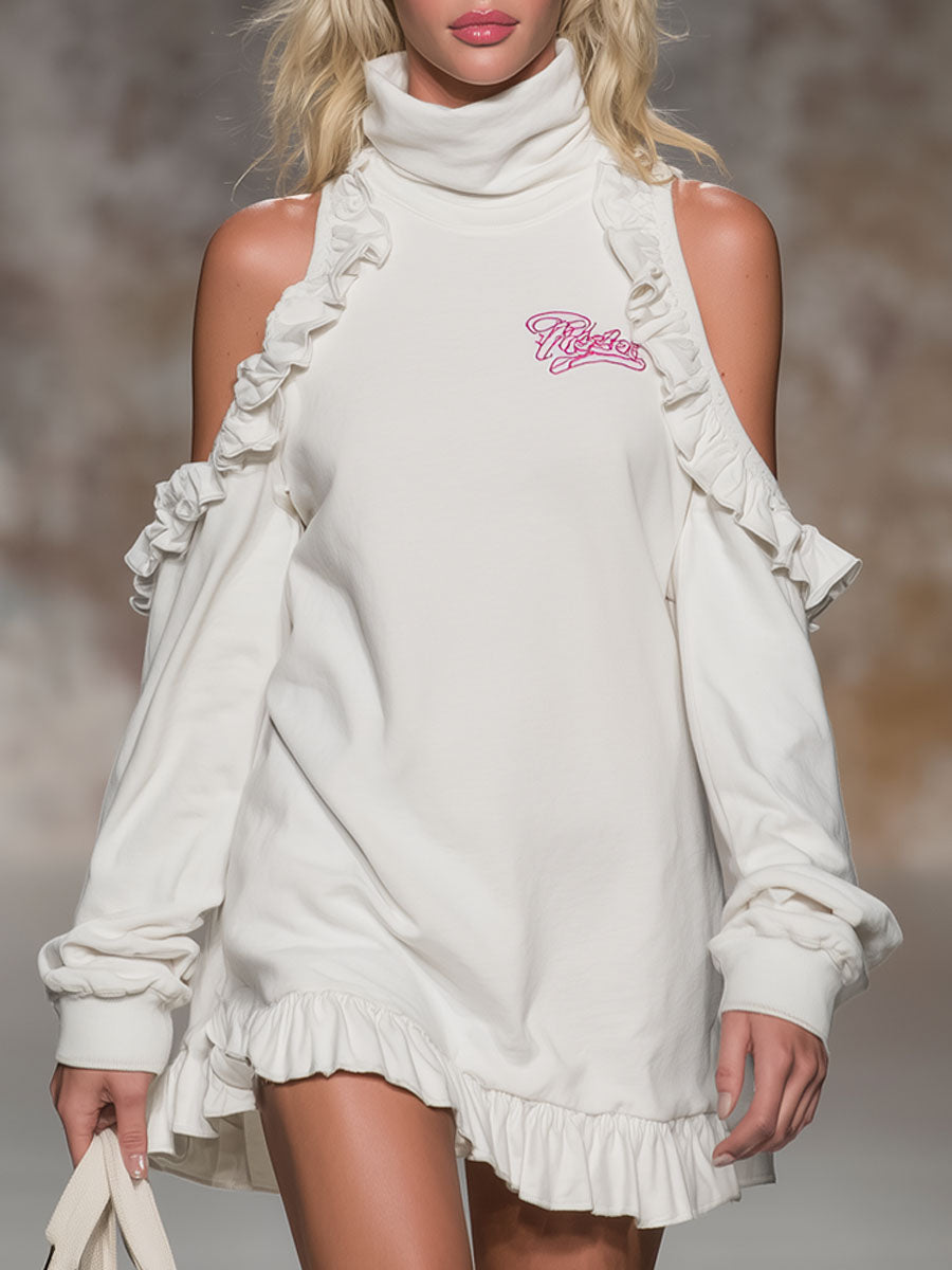 High-neck Off-shoulder Ruffled Long-sleeved Sporty Mini Dress
